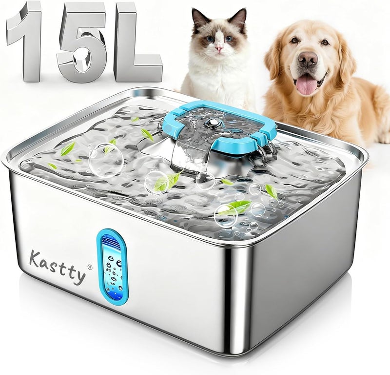 Kastty 3.96 Gal Large Dog Water Fountain,15L Stainless Steel Dog Water Bowl Dispenser with Water Level Window and LED Light,Ultra Quiet Automatic Pet Water Fountain Easy Cleaning(FS78,Blue) - Image 1